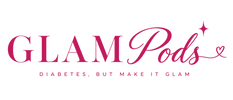 Glam Pods logo, handmade rhinestone Omnipod 5 and Dexcom G7 covers